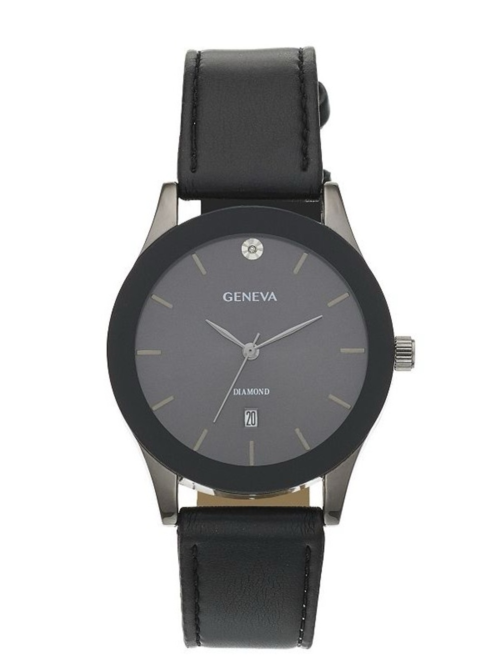 Geneva Men's Black Diamond Accent Faux Leather Wrist Watch-Stainless Steel